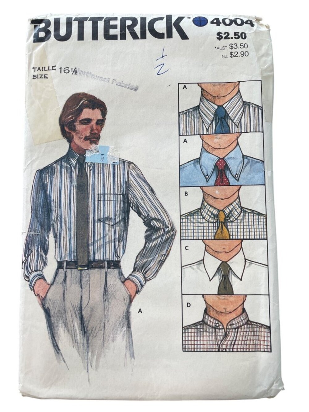 Vintage 70s Butterick 4004 Mens Shirt Pattern Size 16.5 Four Collar Styles CUT